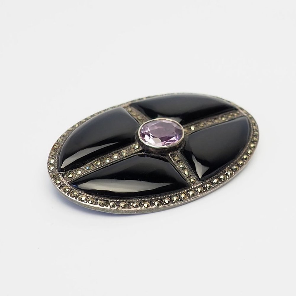 Art Deco style sterling silver onyx amethyst oval pin